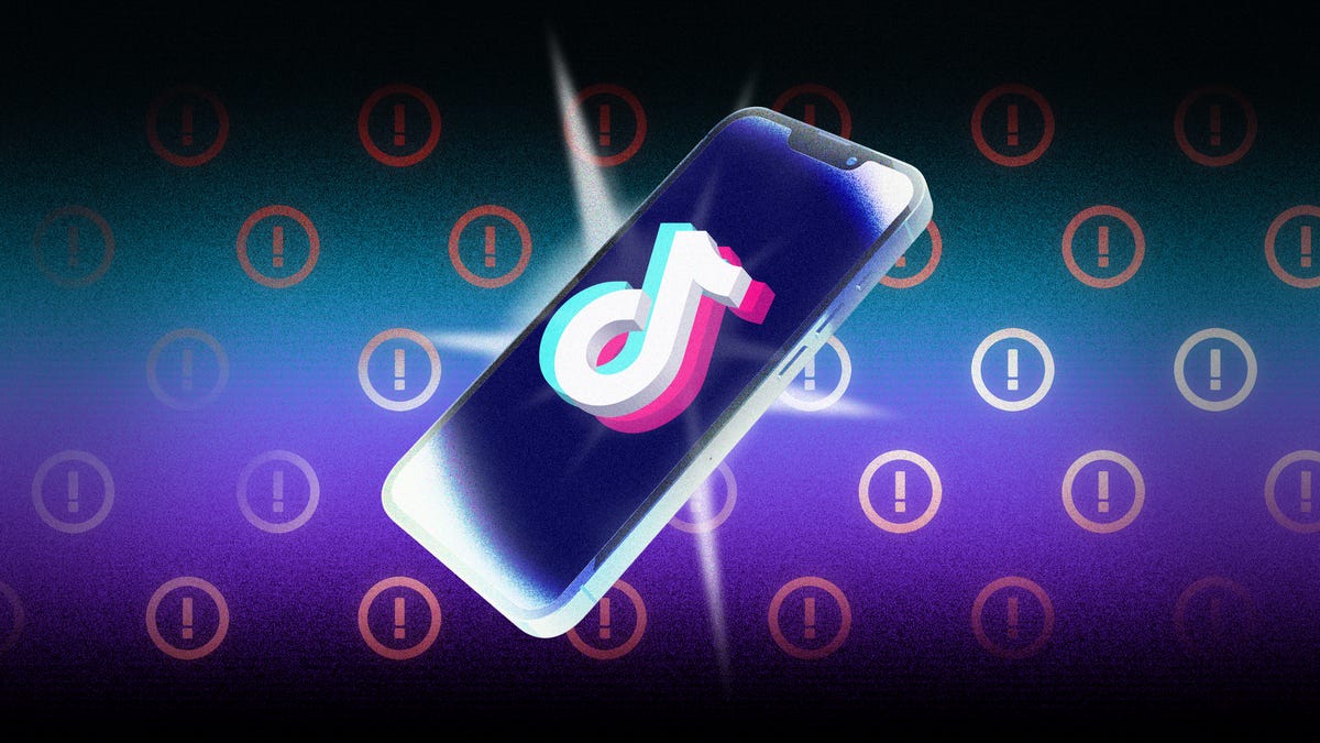 TikTok logo on smartphone against a backdrop of exclamation marks