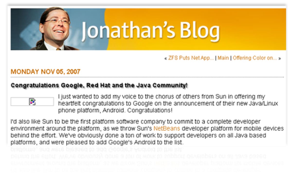 The beginning of Sun's Jonathan Schwartz's 2007 blog post praising Google's use of Java in Android.