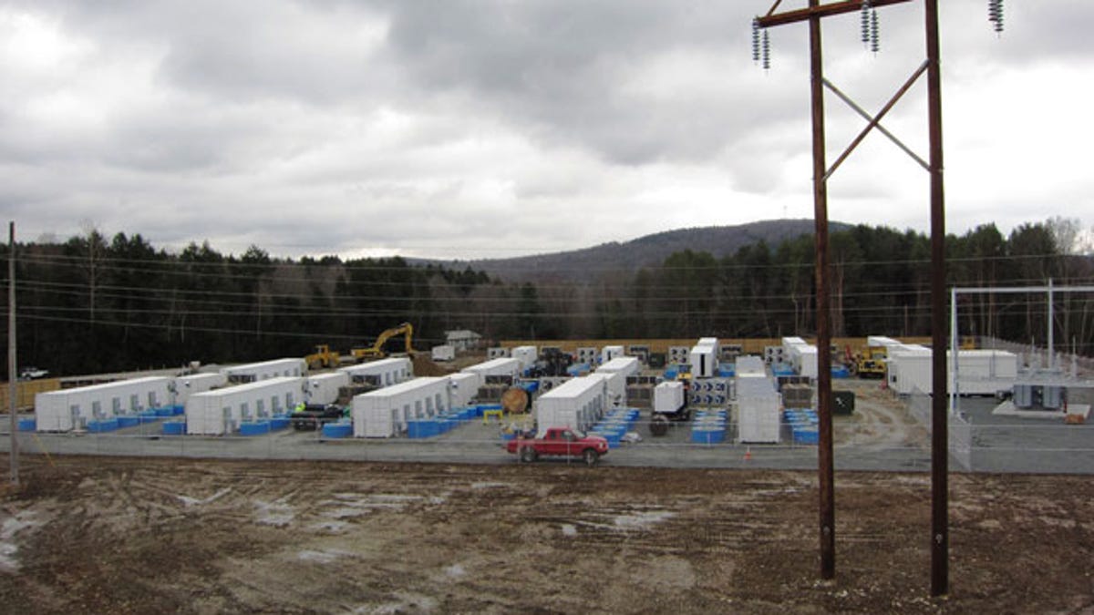 Beacon Power's Stephentown, New York storage plant during construction. The blue cylinders are the flywheels.