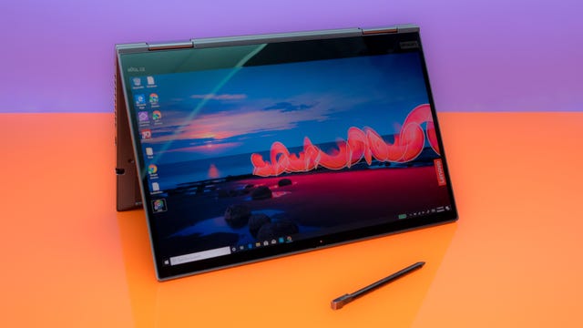 Lenovo ThinkPad X1 Yoga Gen 4 against orange and purple
