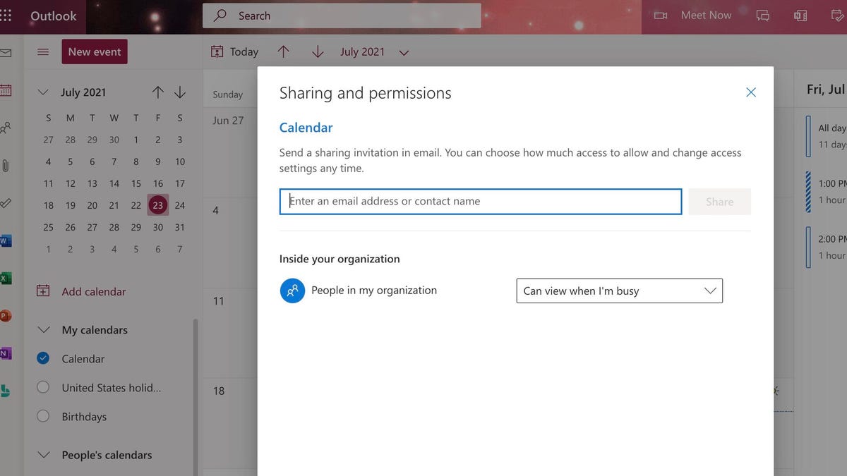 Sharing and permissions screen showing the calendar option