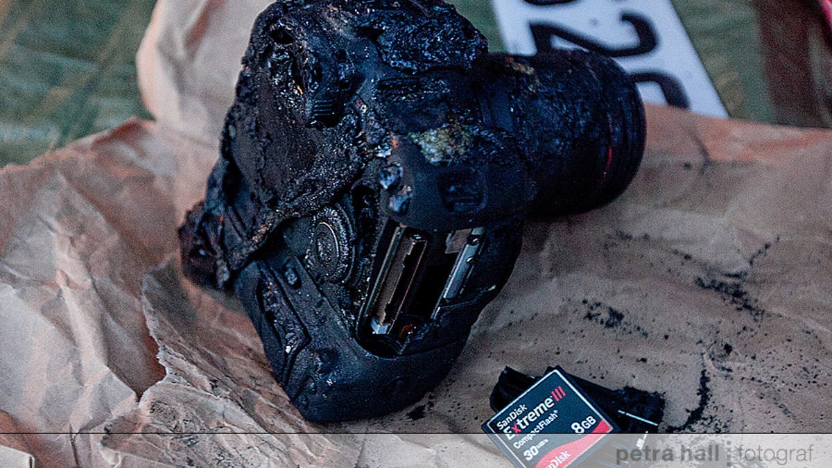 Petra Hall&apos;s fiance&apos;s Canon 7D didn&apos;t make it through a car fire--but her SanDisk flash card did.