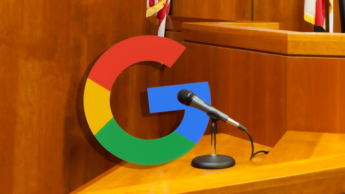 The Google logo on the witness stand in a courtroom