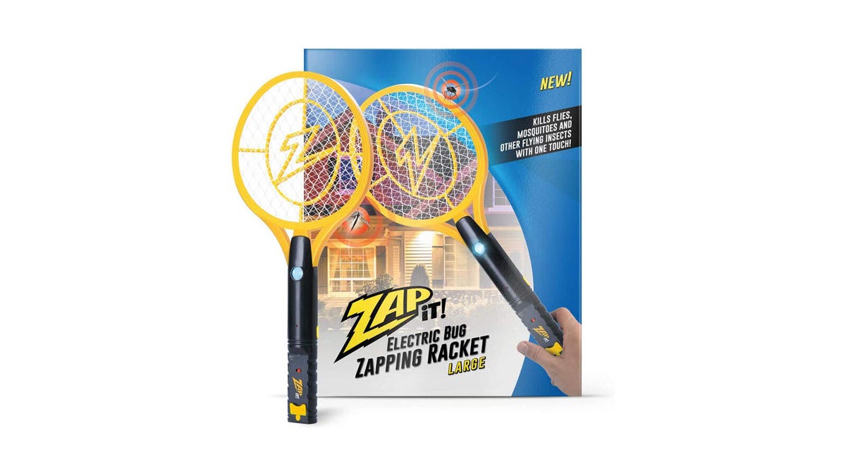 The Zap It! electric fly swatter and packaging are displayed against a white background.