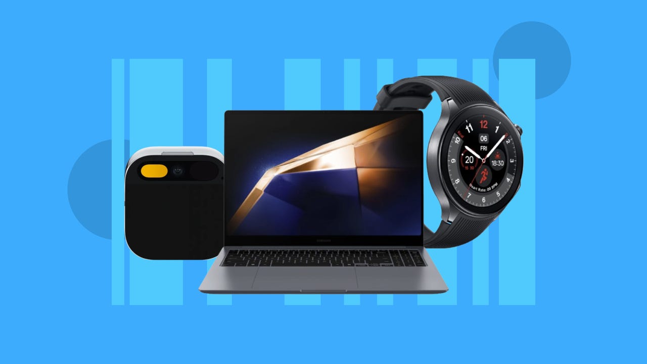 The Humane AI Pin, the Samsung Galaxy Book 4 Ultra and the OnePlus Watch 2 are displayed against a blue background.
