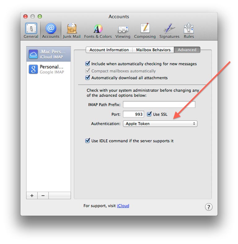 iCloud mail account authentication settings.