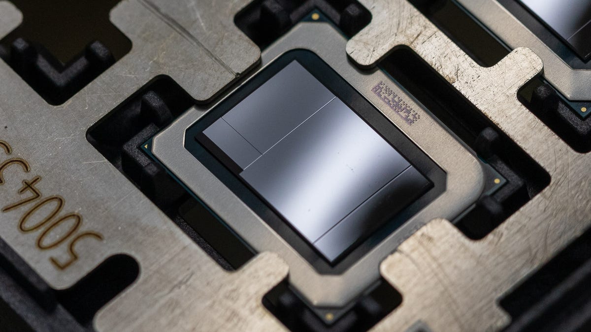 A close up view of a test version of Intel's Meteor Lake Intel PC chip