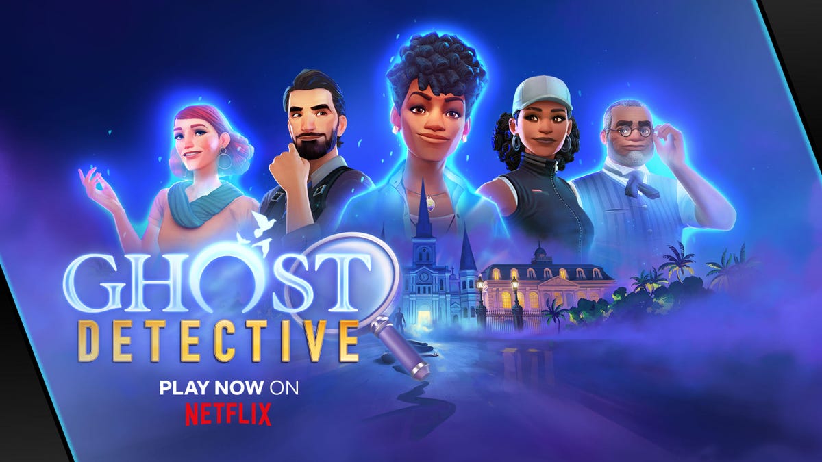 Title card for Ghost Detective showing five people and the city of New Orleans