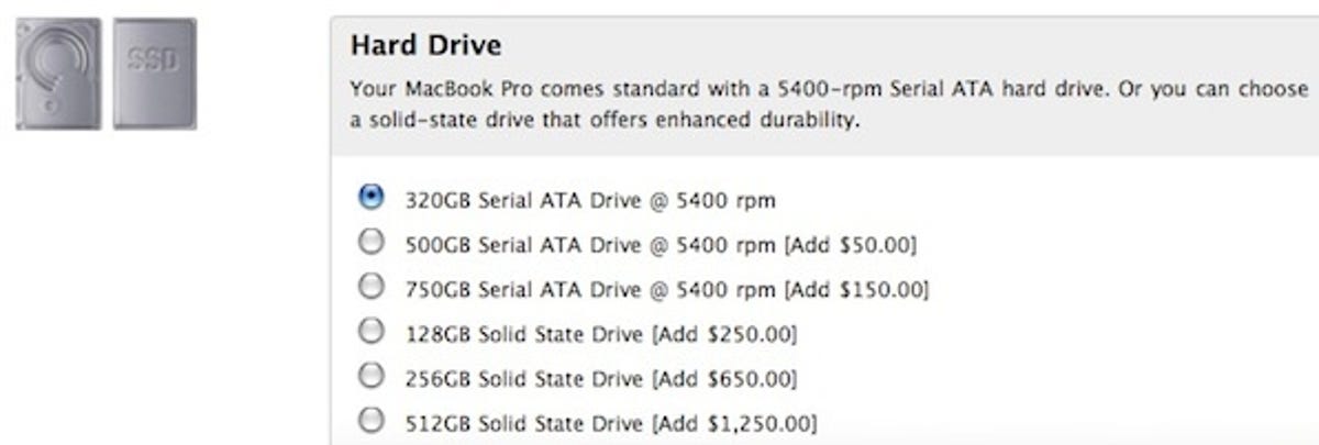 Apple still provides a good example of the sticker shock facing buyers who opt for an SSD over an HDD.