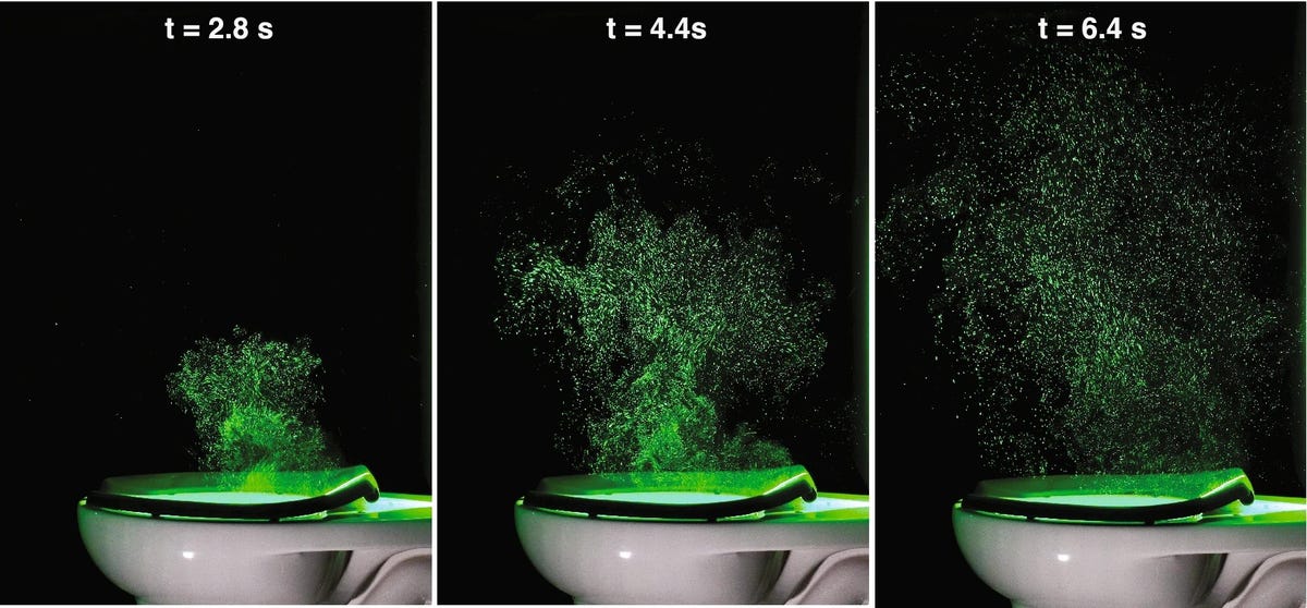 Three images show the progression of aerosols emitted from a flushing toilet with increasing amounts spreading through the air over about six seconds of time.