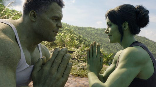 The Incredible Hulk does yoga.