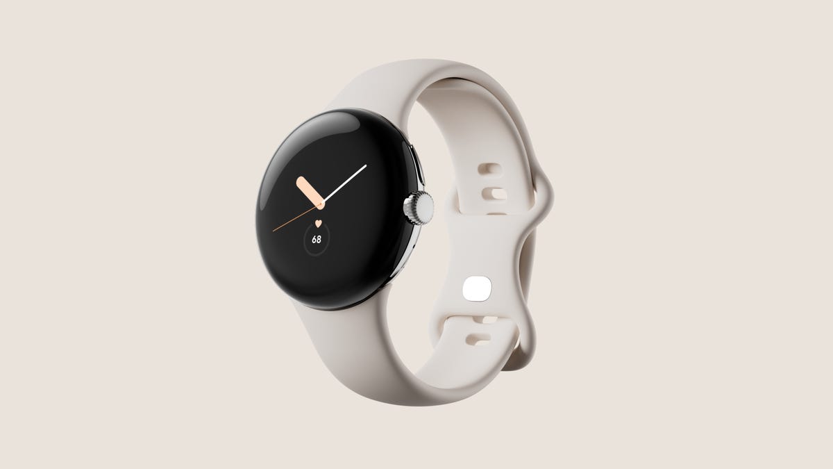 The Google Pixel watch with a white wristband