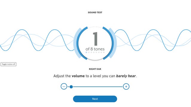A page from the Starkey hearing test, with instructions to adjust the volume to a level you can barely hear.