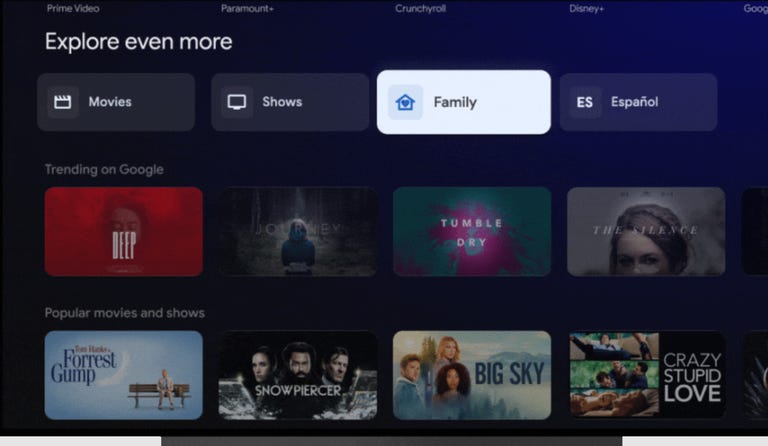Google TV's new navigation tabs Movies, Shows, Family and Espanol located under the Explore even more section