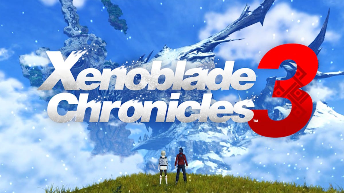 The game name Xenoblades Chronicle 3 superimposed on a landscape of snow-covered mountains, with a grassy hilltop in the foreground