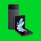 Samsung Galaxy Z Flip 4 in black shown open and half folded