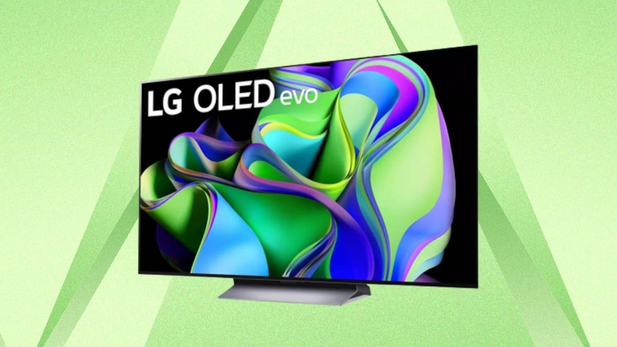 The LG C3 OLED evo 55-inch 4K smart TV (2023) is displayed against a green background.
