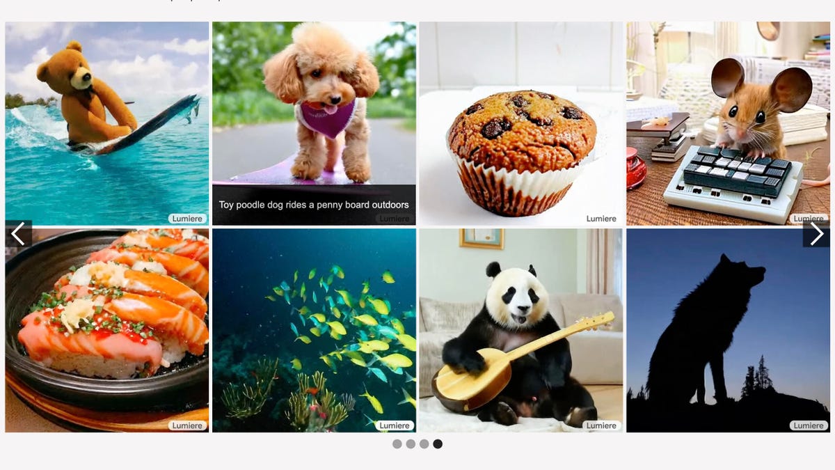 A grid showing eight still AI-generated images.