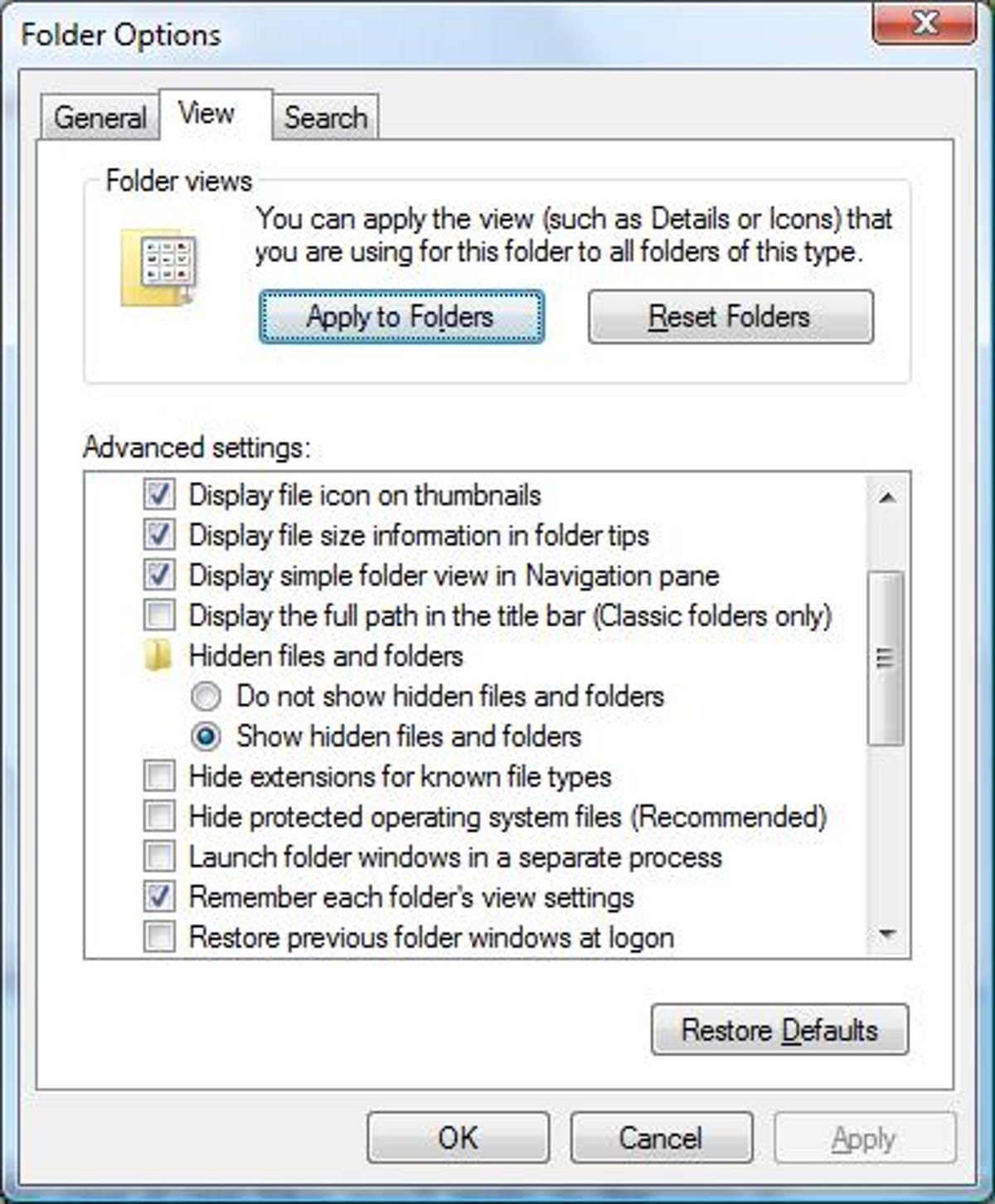 Windows Vista's Folder Options dialog box