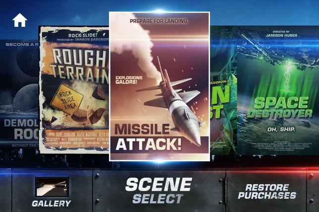 Action Movie FX comes with four free effects sequences; additional two-packs cost 99 cents each.