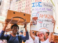 <p>At an anti-Amazon protest in Manhattan during Prime Day.</p>