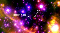 Pink glowing dots represent various luminescence stemming from objects in space. At the center is the black hole and just to the right of the black hole lies a Tic-Tac-shaped X7.