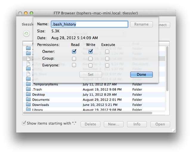 TextWrangler FTP browser permissions settings