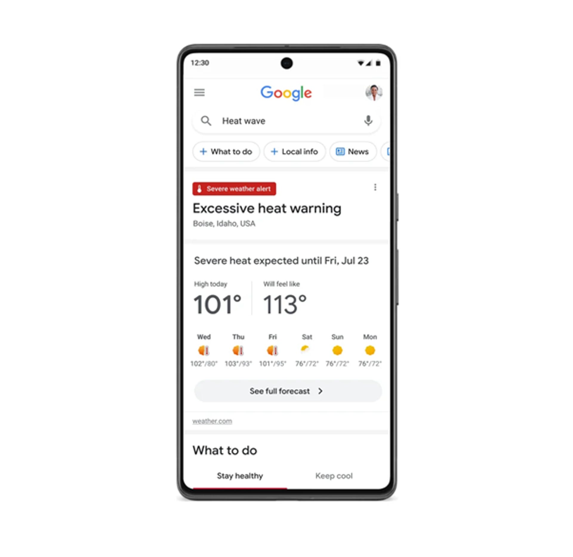 google search screen display showing severe weather alert for extreme heat