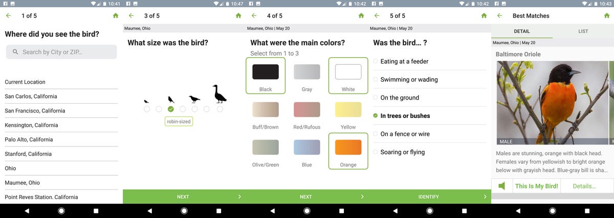 The Merlin Bird ID app, from Cornell University's Laboratory of Ornithology, asks easy questions to zero in on a particular bird. It's helpful and instructive, too.