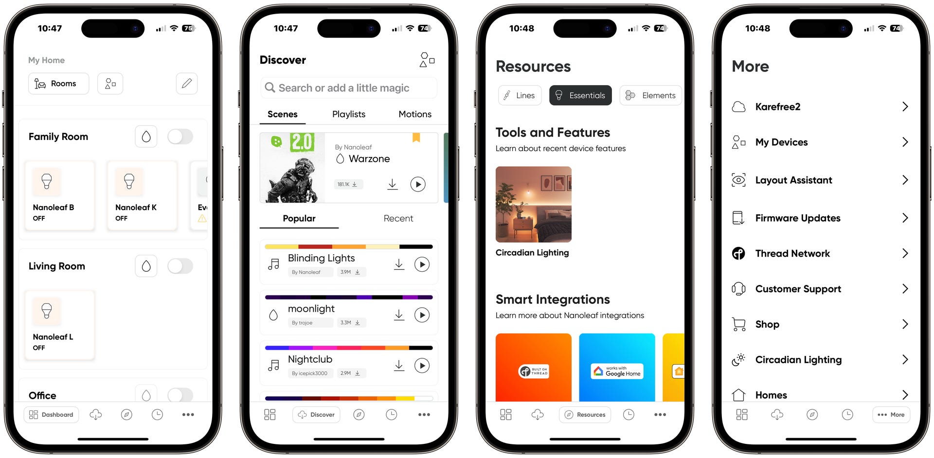 Four screenshots show an overview of the Nanoleaf app