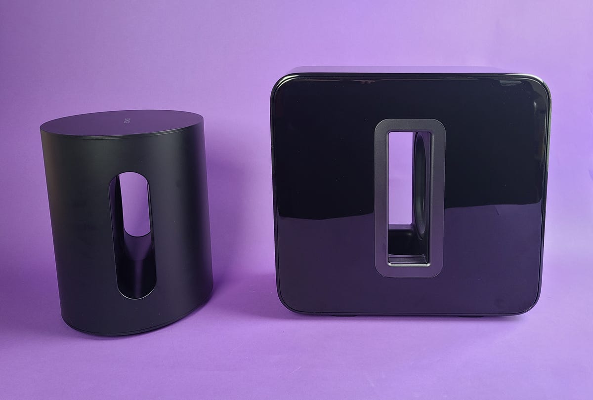 Sonos Sub Mini vs. the Sonos Sub on purple background