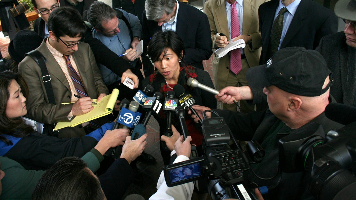 Nicole Wong, answering questions in front of the San Jose federal courthouse in 2006, when Google fought a legal battle against a broad Justice Department request for user search terms.