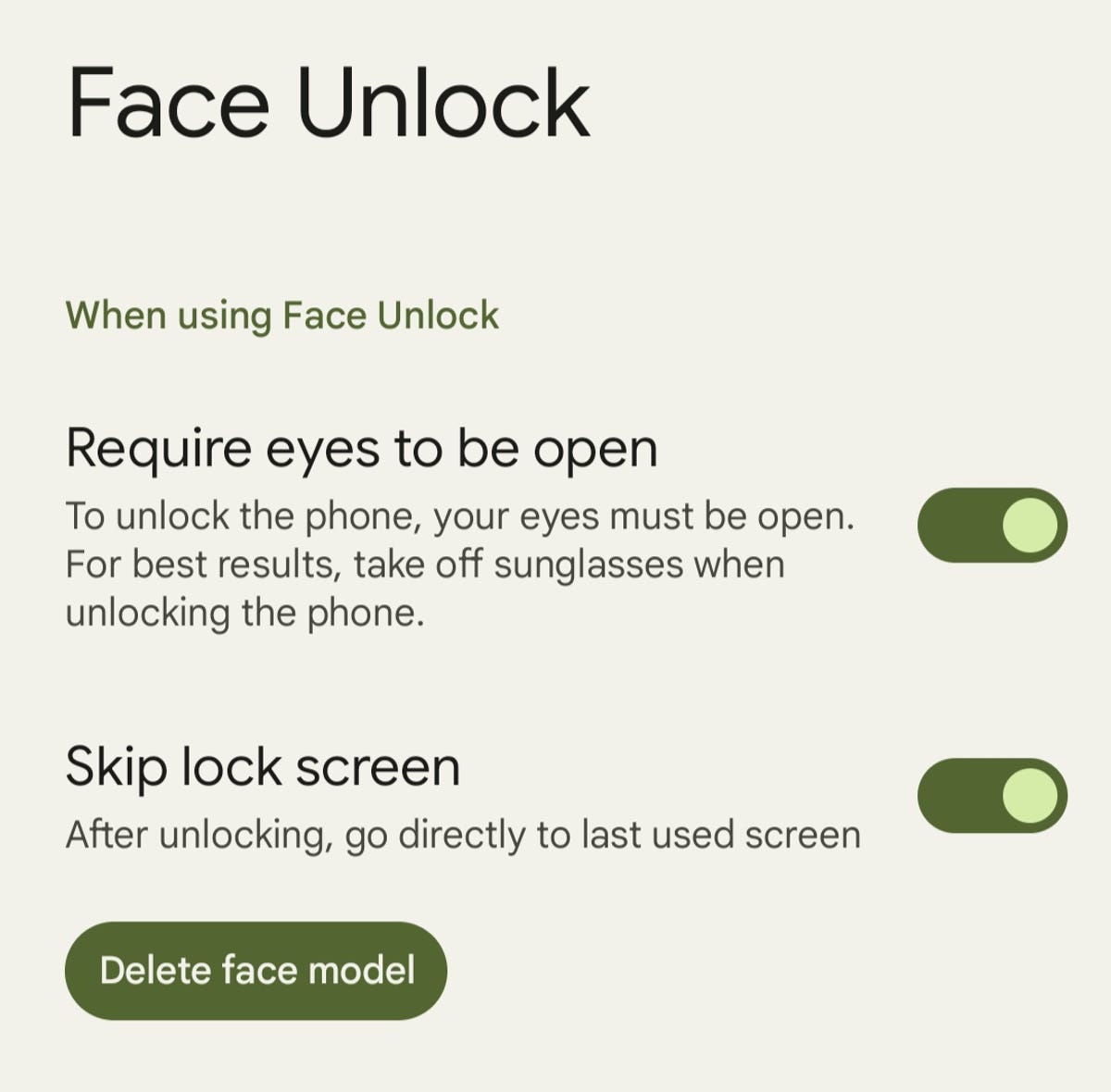 A screenshot showing the Pixel 7's face unlock setting