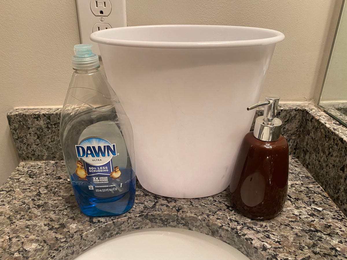 dish soap and trash can