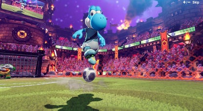 Yoshi, a cartoon dinosaur, with a soccer ball on a field.
