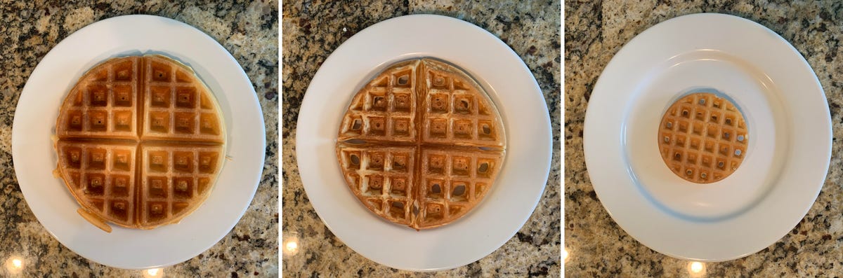 A side-by-side comparison of three different waffles.