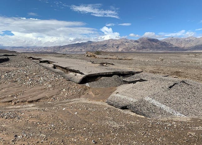 A wash-out road from flood damage in Death Valley.