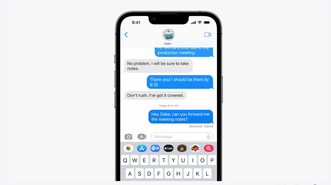 iOS 16 Messages 應用程序的屏幕截圖，顯示了已編輯的應用程序