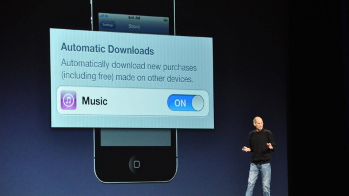 Steve Jobs showing off automatic downloads at the Worldwide Developers Conference earlier this year.