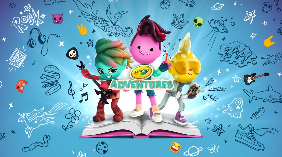 The Crayola Adventures title card showing three characters standing on a book