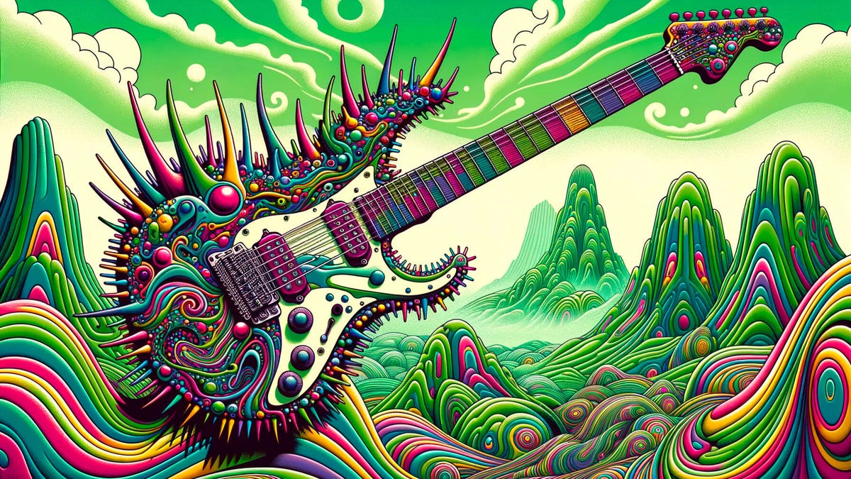 An AI-generated image of a spiky elecric guitar in front of a psychedelic green background