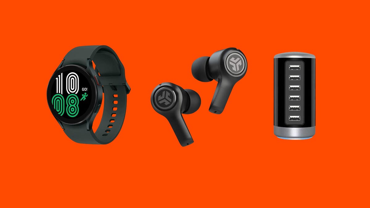 A smartwatch, earbuds and USB charging tower are displayed against an orange background.