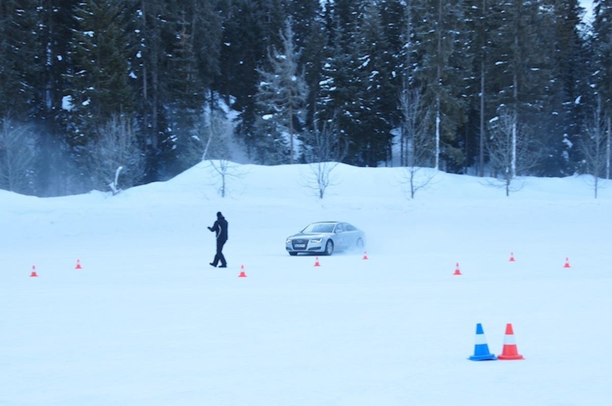 Learning to drift 360 degrees around cones on ice.