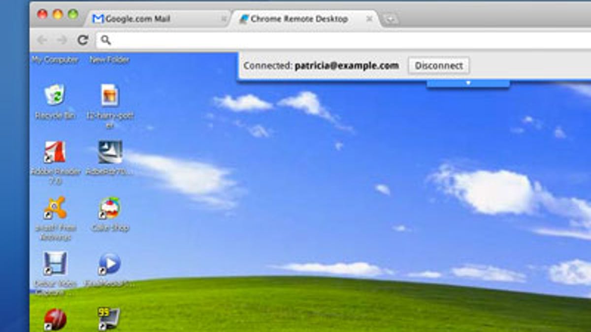 The Chrome remote desktop extension lets a person remotely control another computer over the network, in this case using Chrome on a Mac to control a Windows machine also running Chrome.