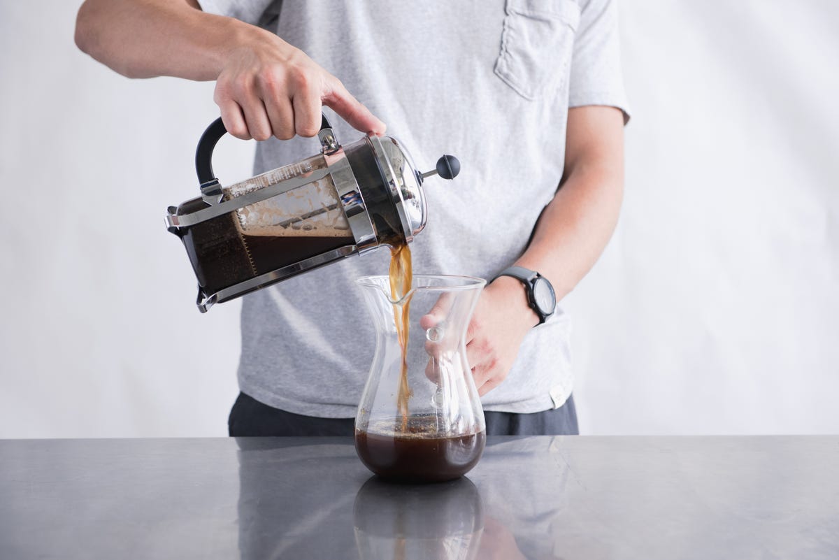 French Press pouring Cold Brew into decanter