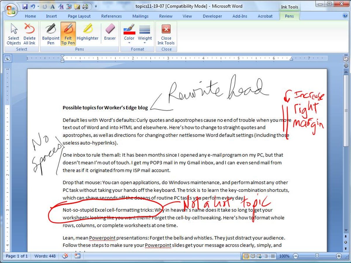The inking feature in Microsoft Word 2007