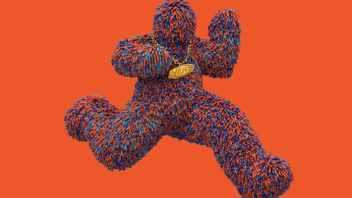 Nerf's new mascot, Murph, springing in front of the camera -- a humanoid figure covered in neon foam darts. And, inexplicably, wearing a gold chain with the words 'Nerf' on it. It's Murph or Nothin!.
