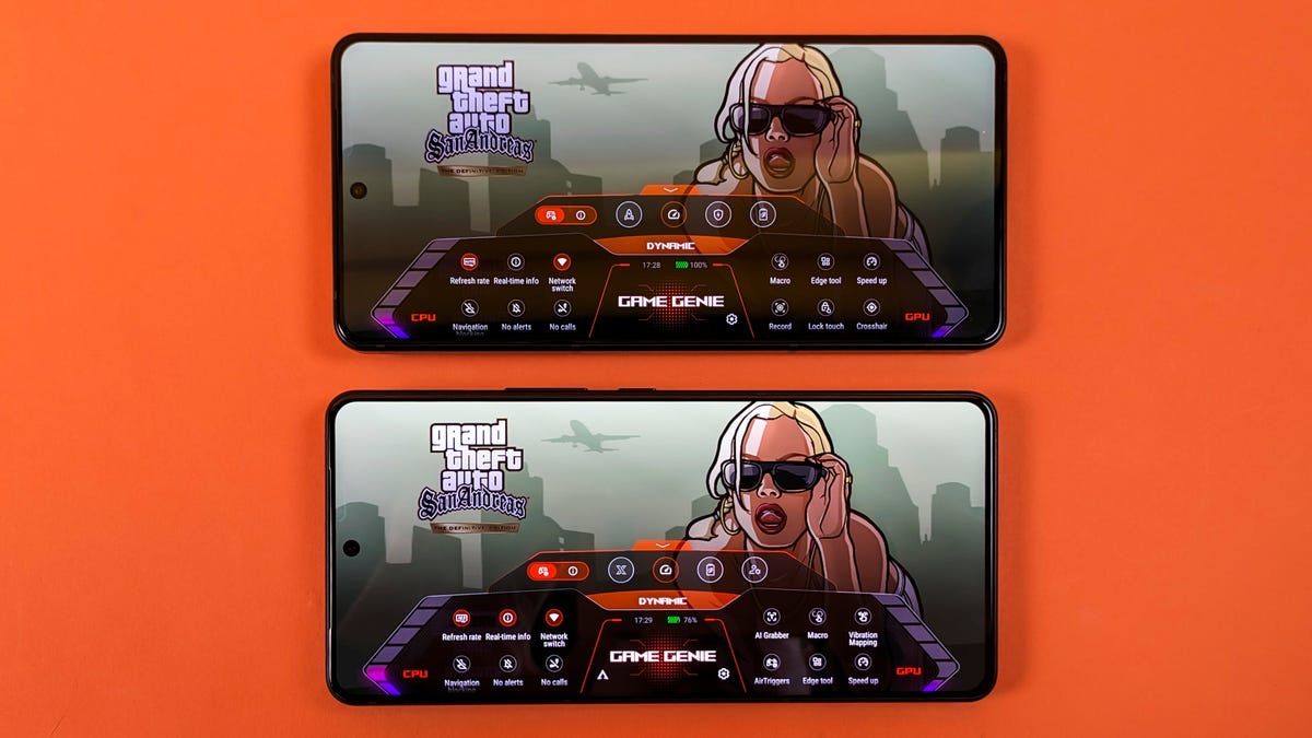 Two Asus phones with Grand Theft Auto: San Andreas playing with the Game Genie overlay