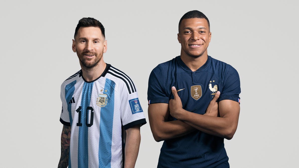 Composite image of Lionel Messi of Argentina and Kylian Mbappe of France standing next to each other.