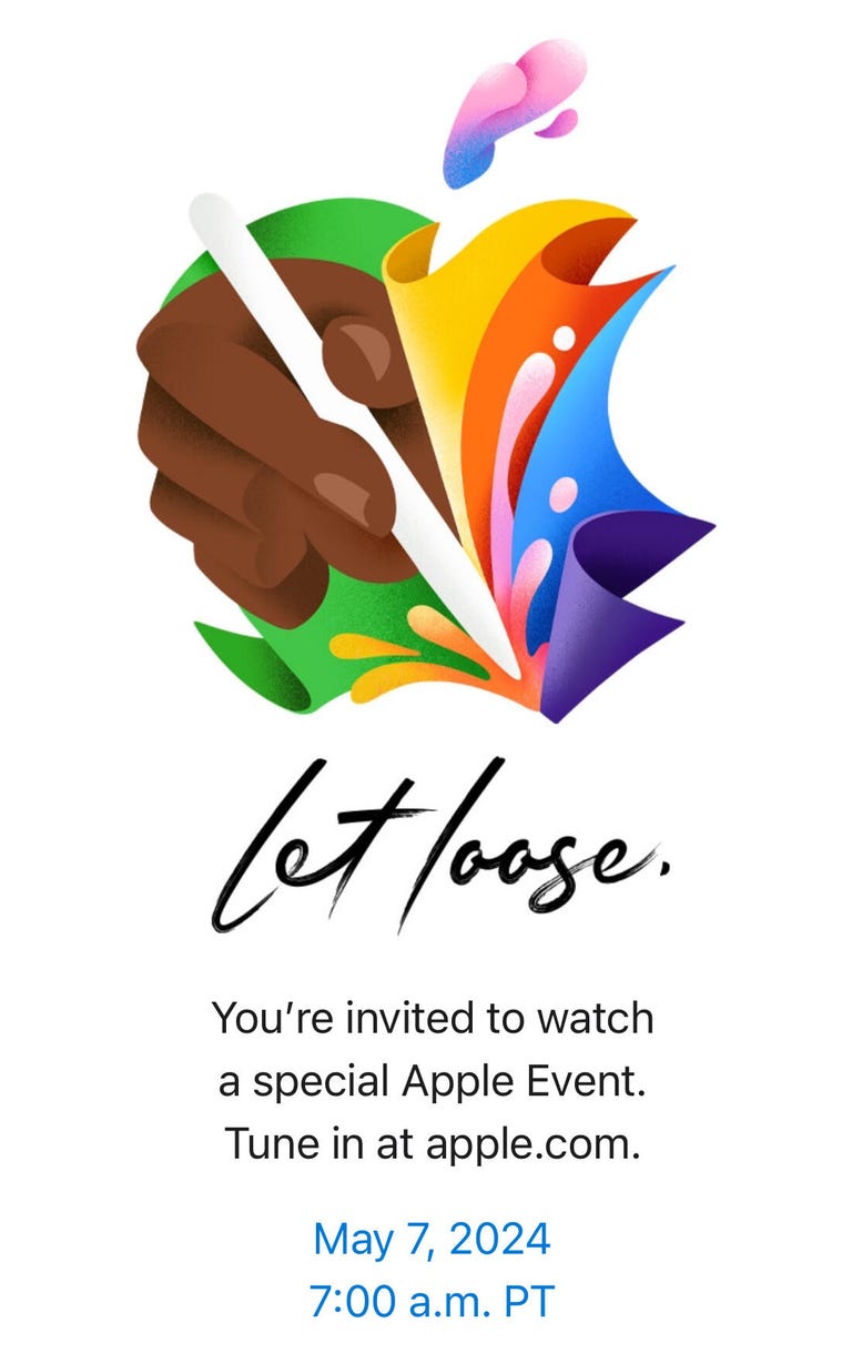 Une invitation à un événement présentant un dessin coloré et stylisé du logo Apple avec une main tenant un Apple Pencil
